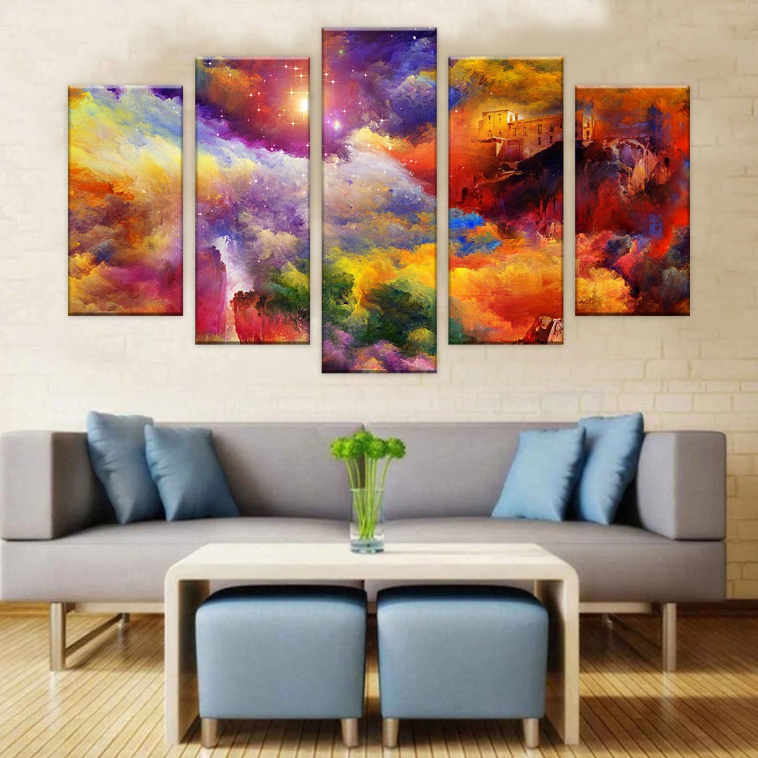 5 panel wooden frame Painting colorful clouds