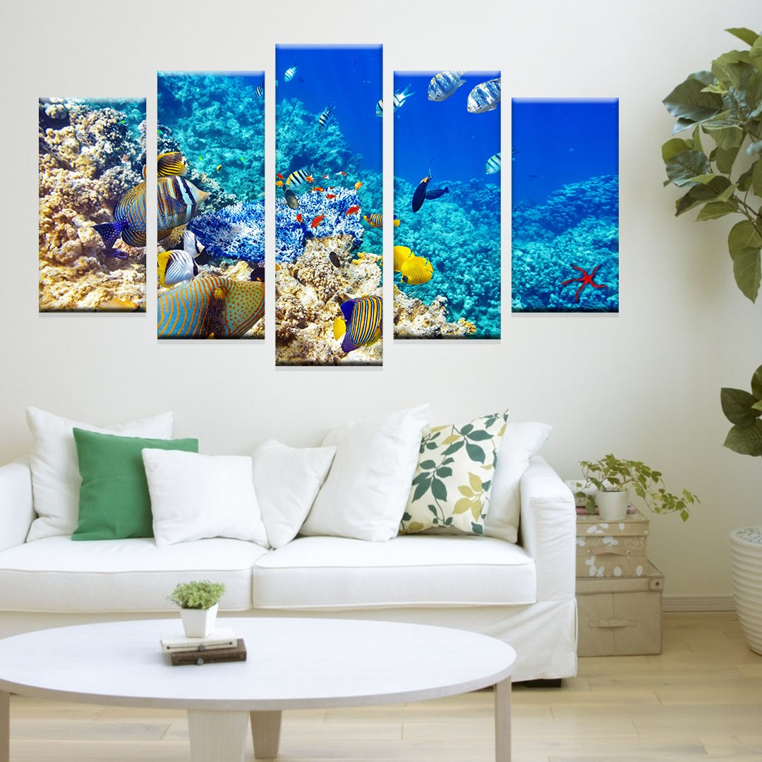 5 panel wooden frame under water fish blue and yellow